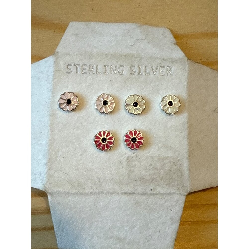 Sterling Silver Flower Stud Earrings Set Of 6 Pairs With Enamel Floral Design